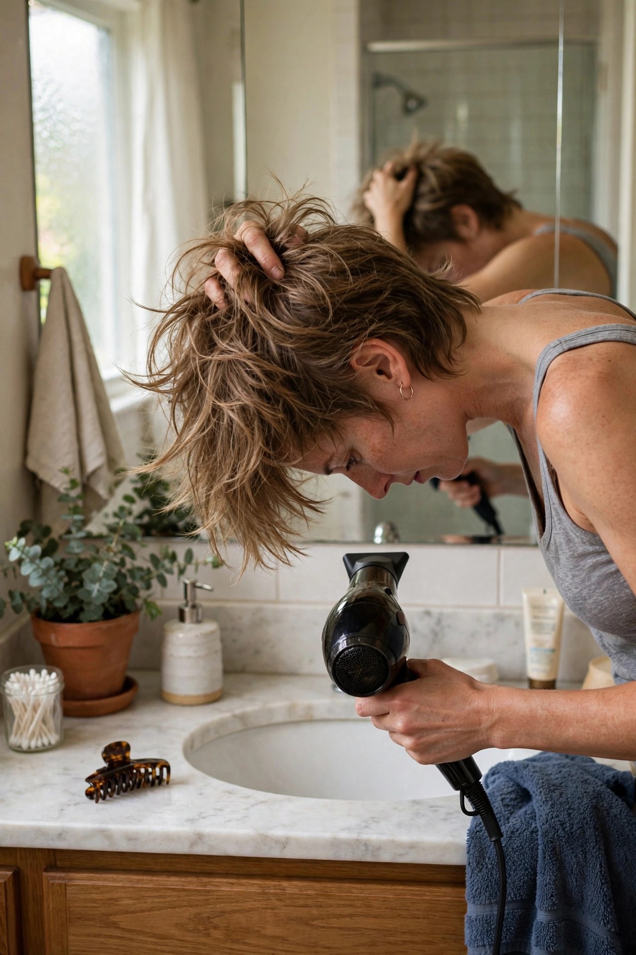 Woman blow-drying a shag at home for volume