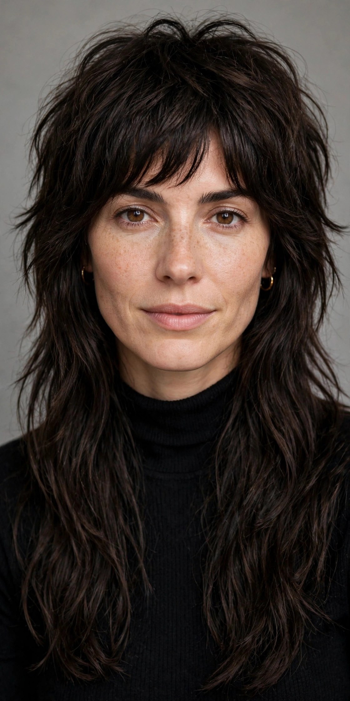 Soft wolf-cut shag with choppy layers on dark hair