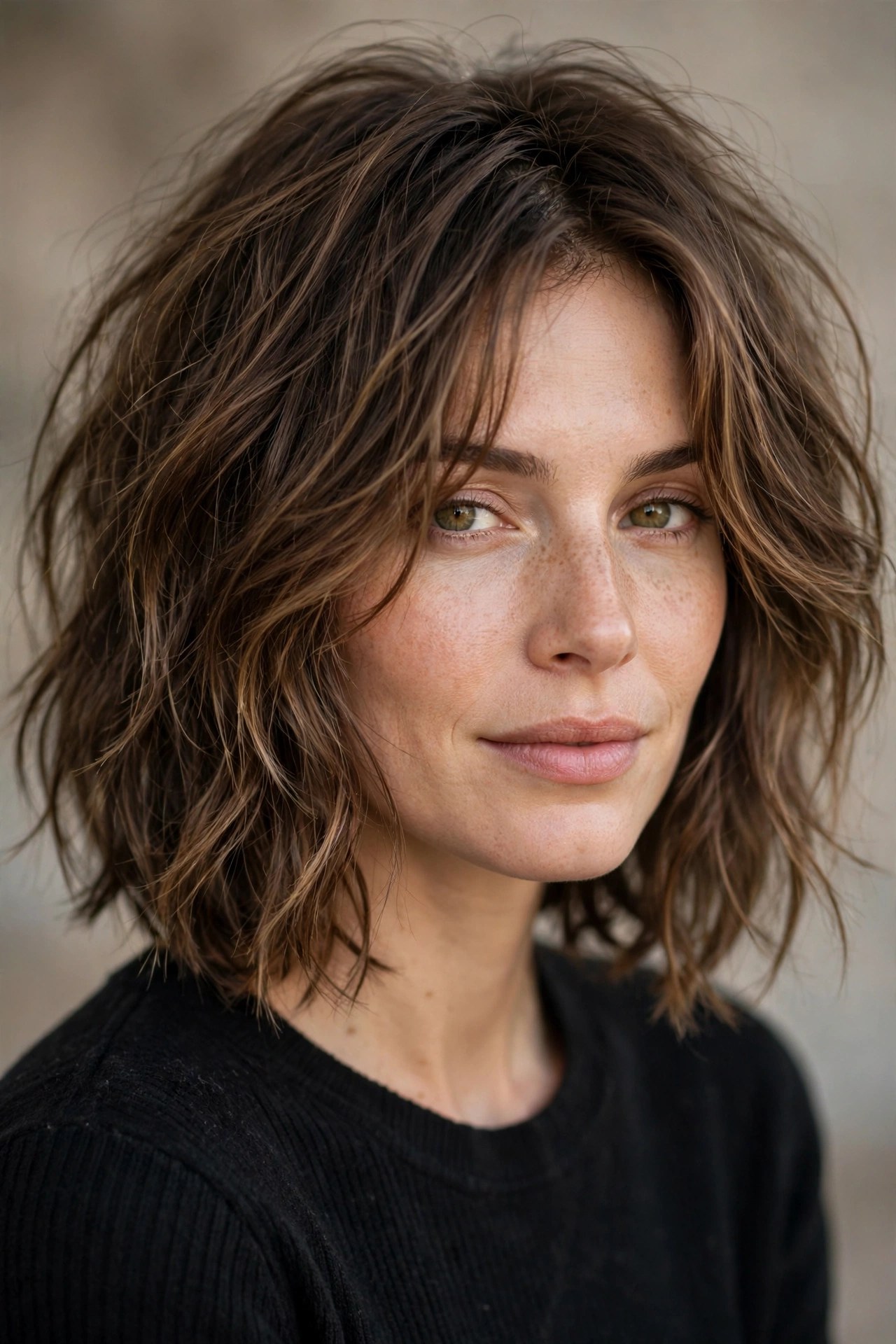 Woman with a collarbone-length shag bob, long choppy layers