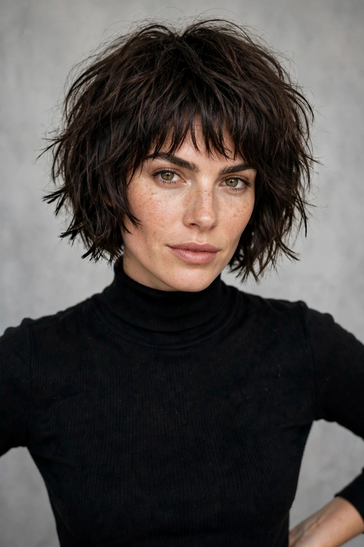 Woman with a jaw-grazing mini shag bob, short choppy layers
