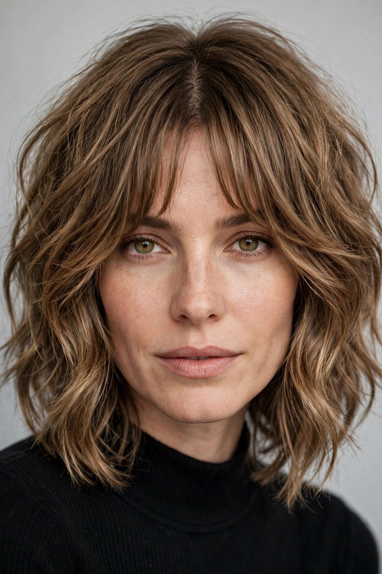 Woman with a shag bob and curtain bangs