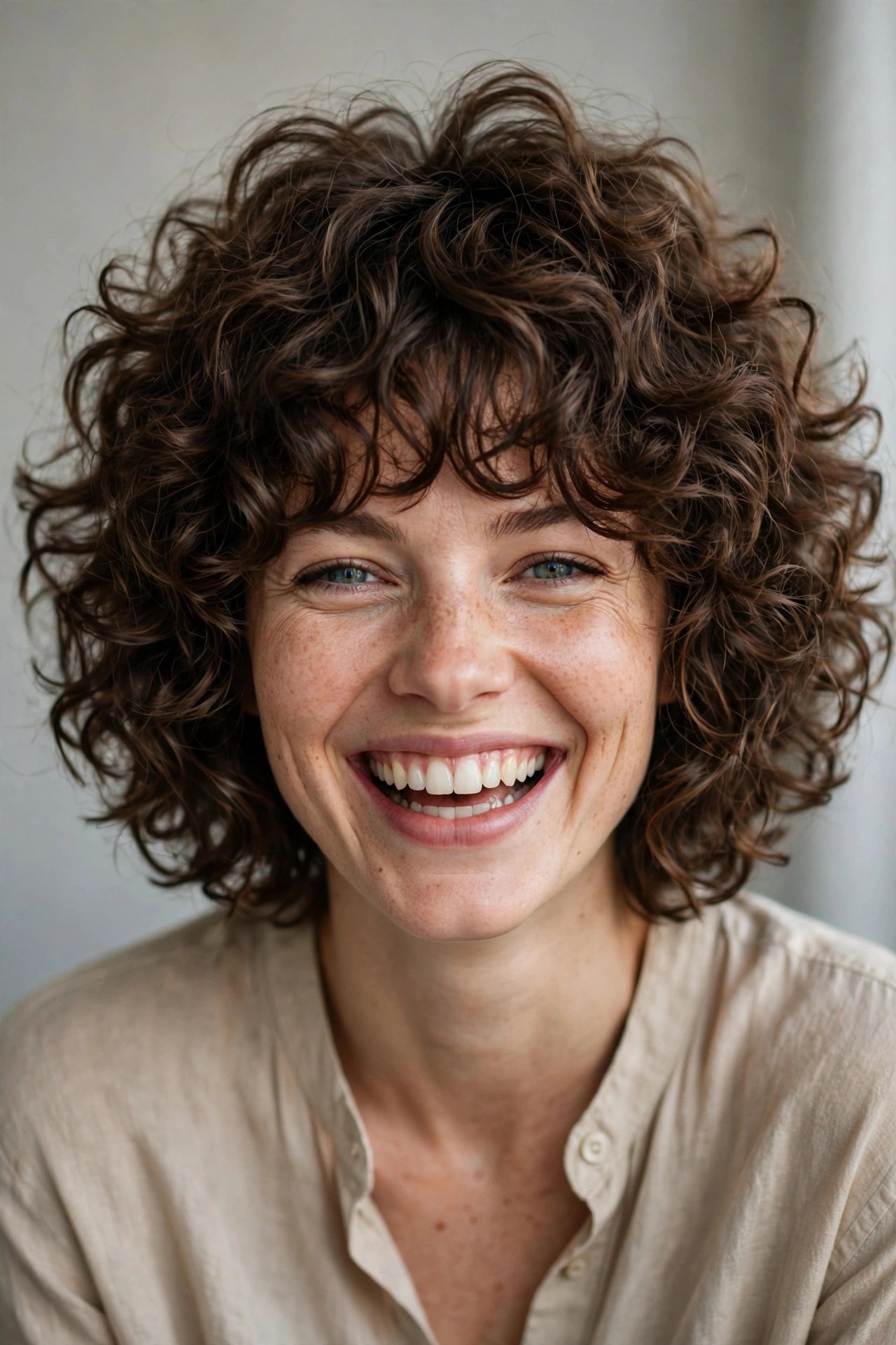 Woman with a curly shag bob, voluminous natural curls