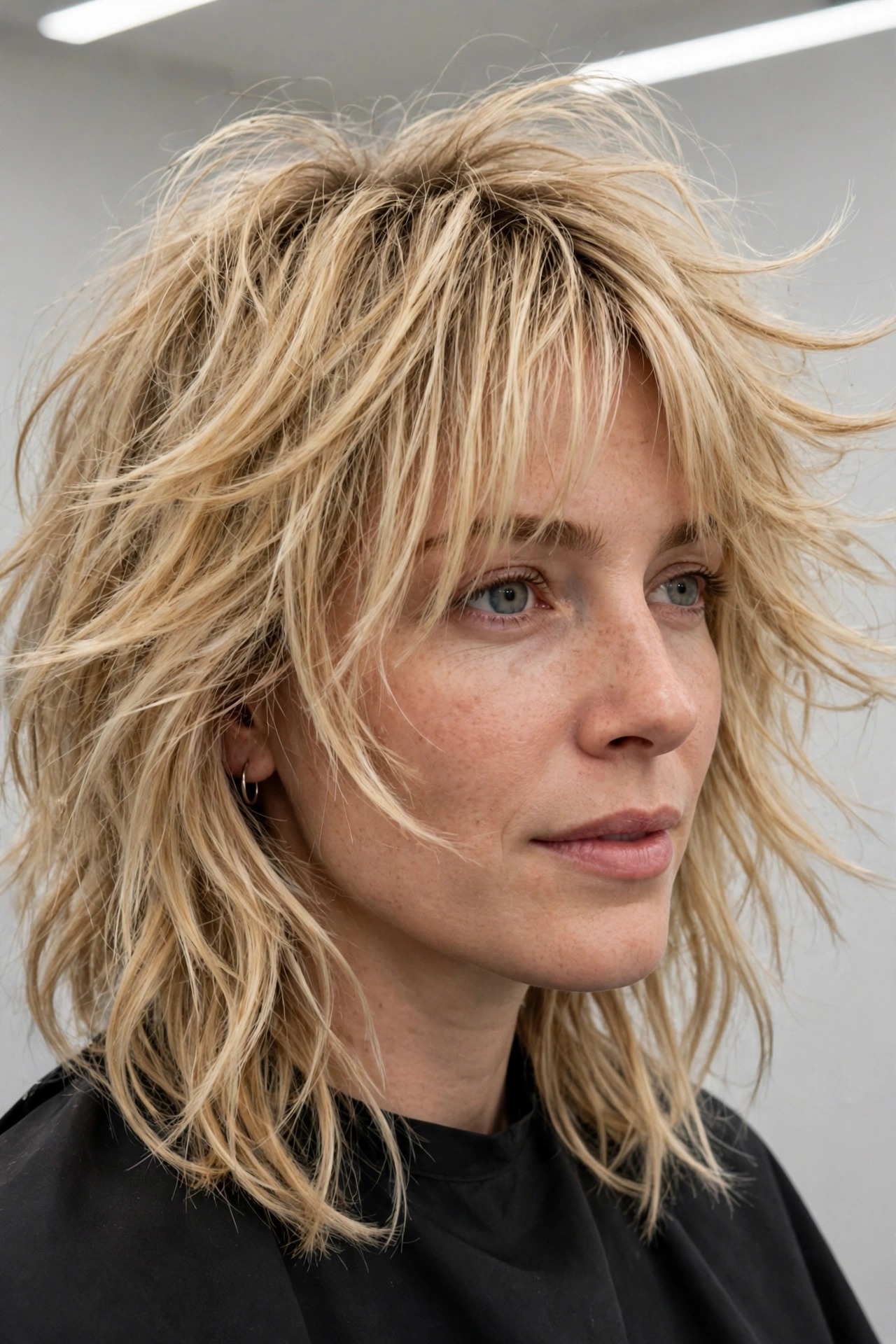 Woman with a shaggy mid-length haircut and curtain bangs