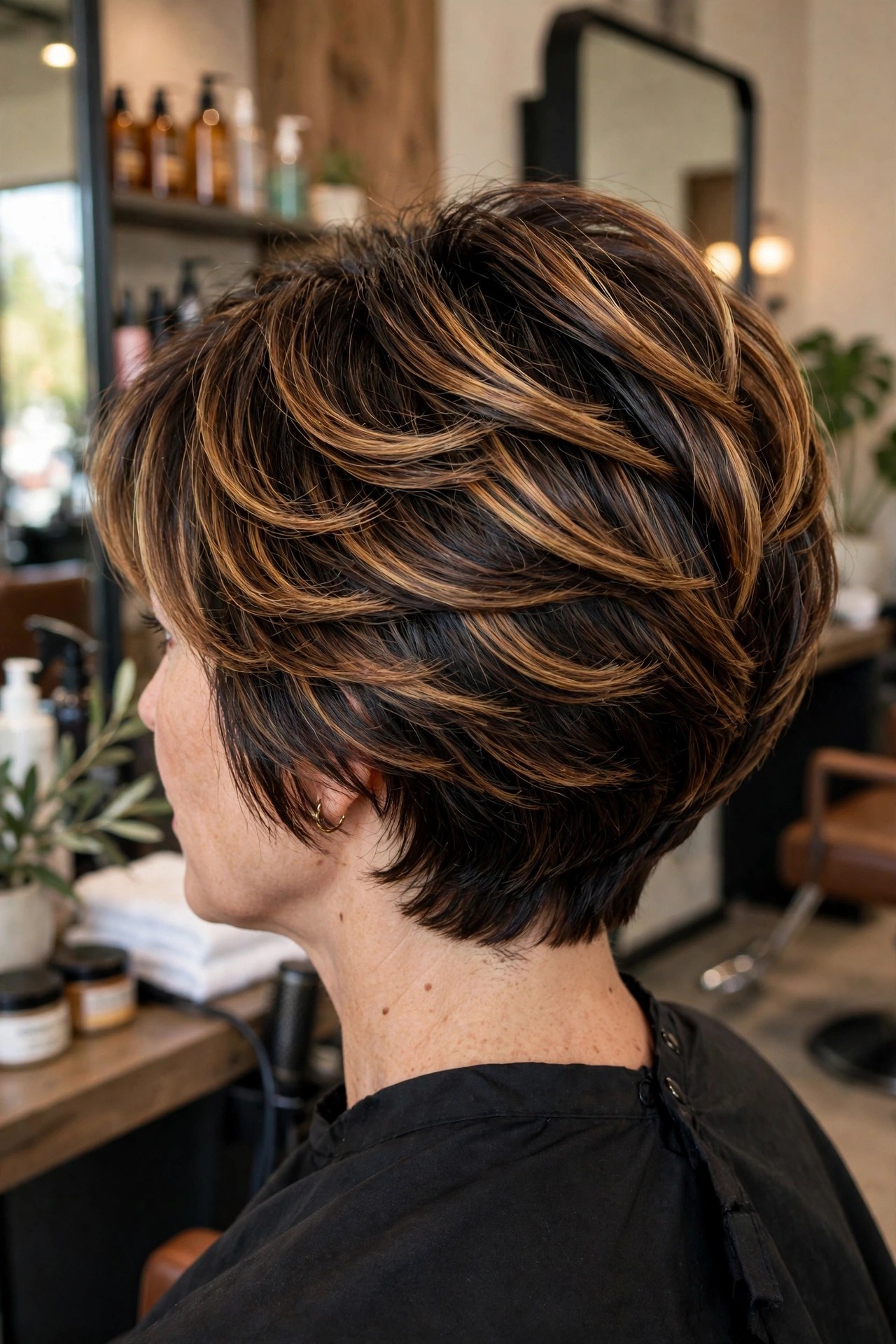 Stacked bob with caramel balayage highlights creating dimensional fullness