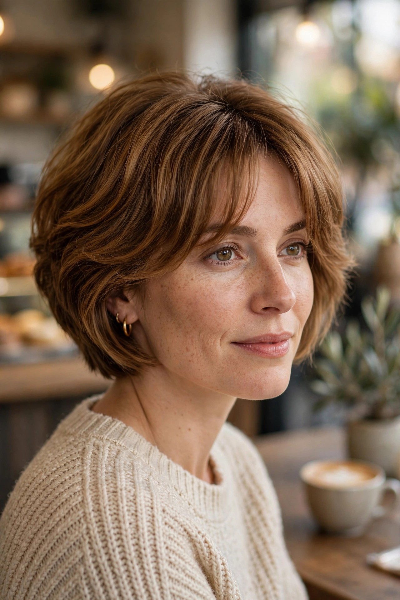 Stacked bob with soft curtain bangs framing the face