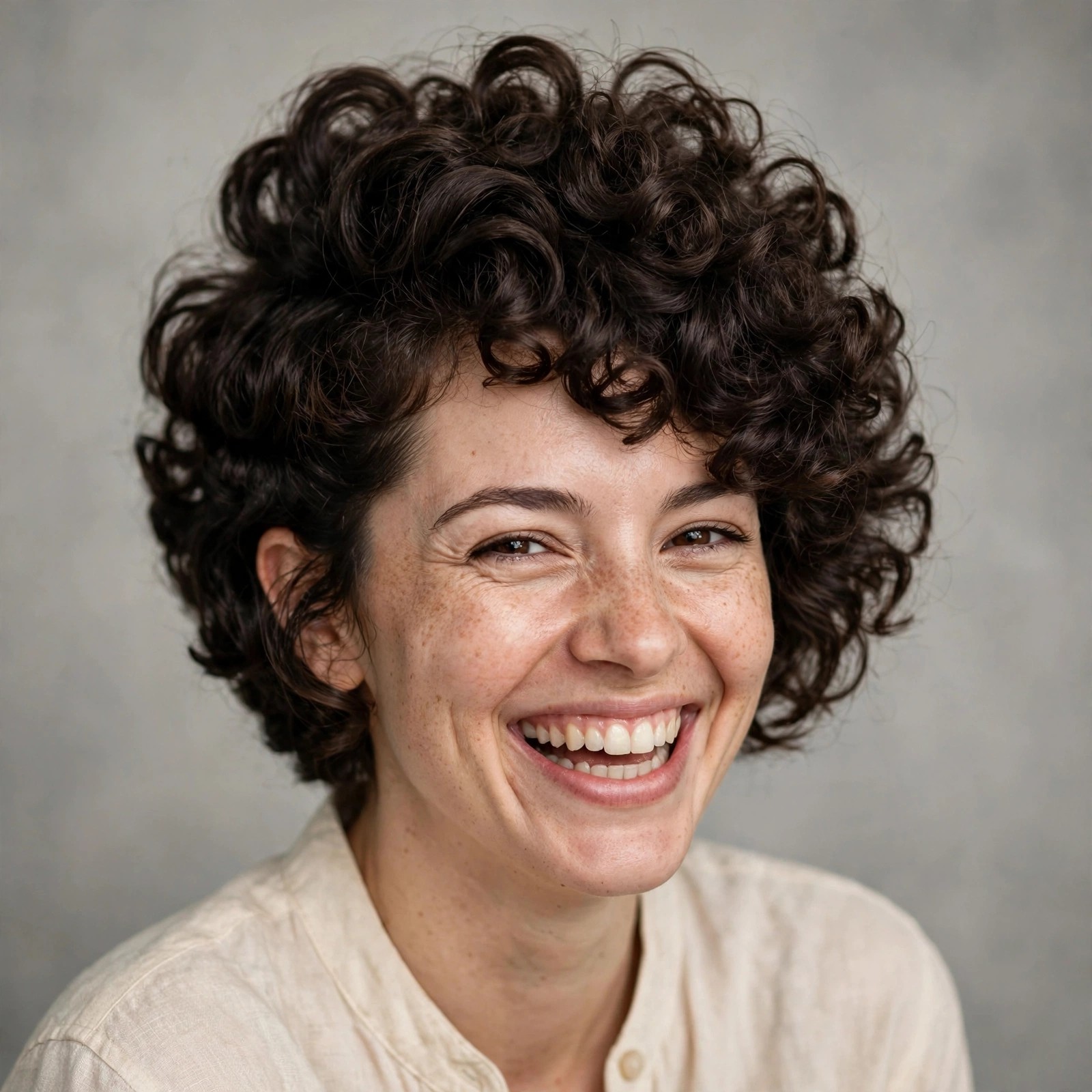 Curly short stacked bob with voluminous defined ringlets