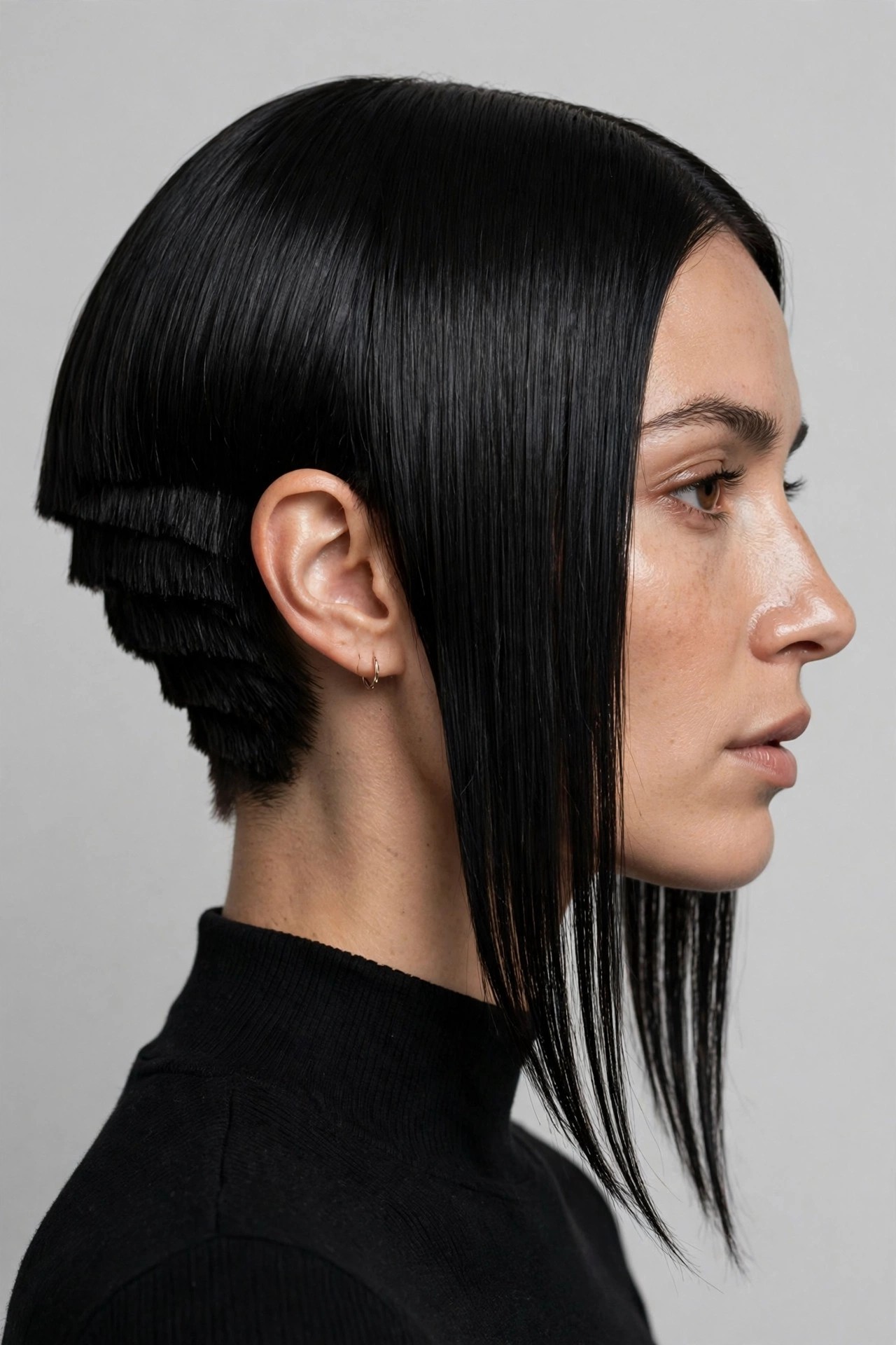 Inverted stacked bob with short stacked nape graduating to long front pieces
