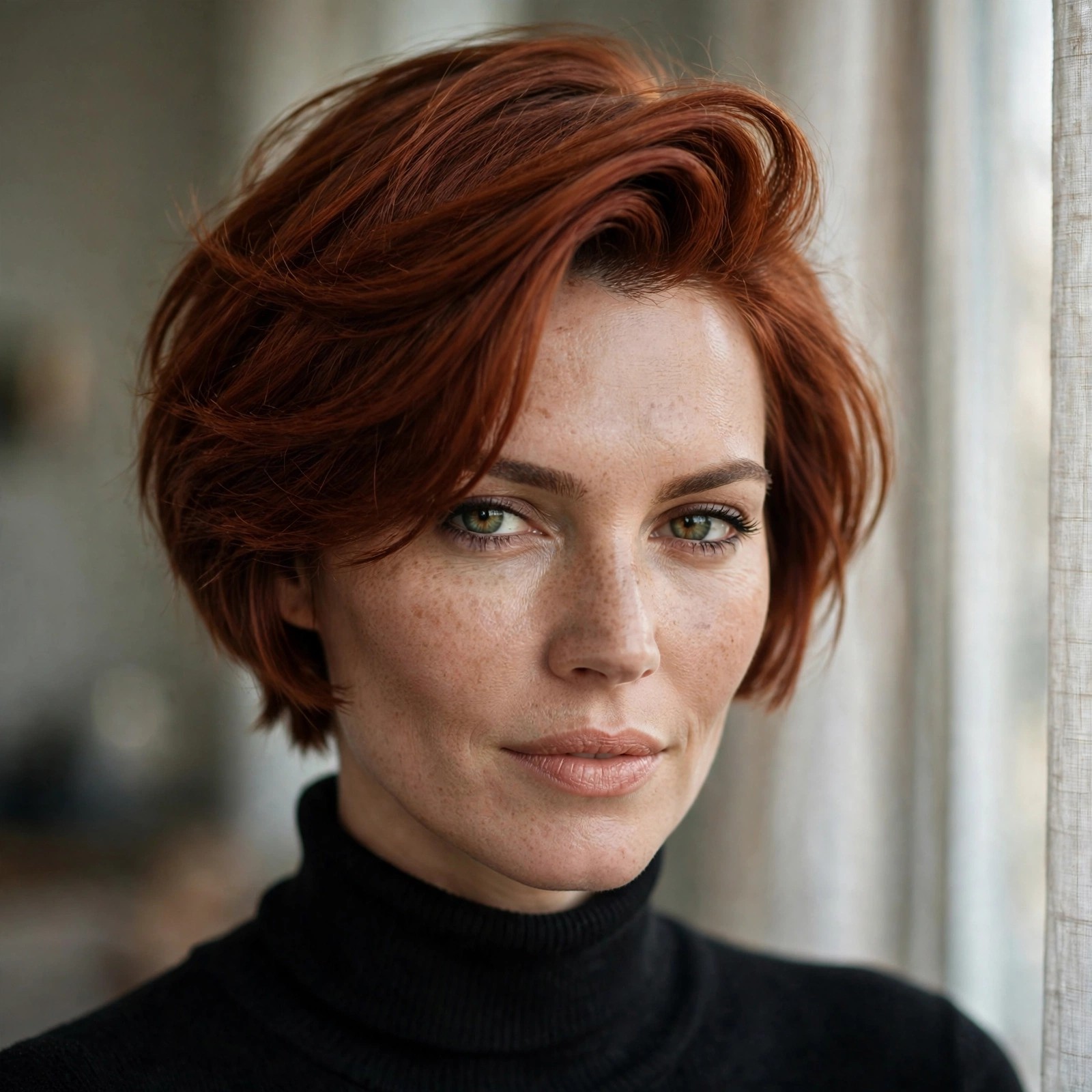 Stacked bob with a deep side part and swept-over root lift