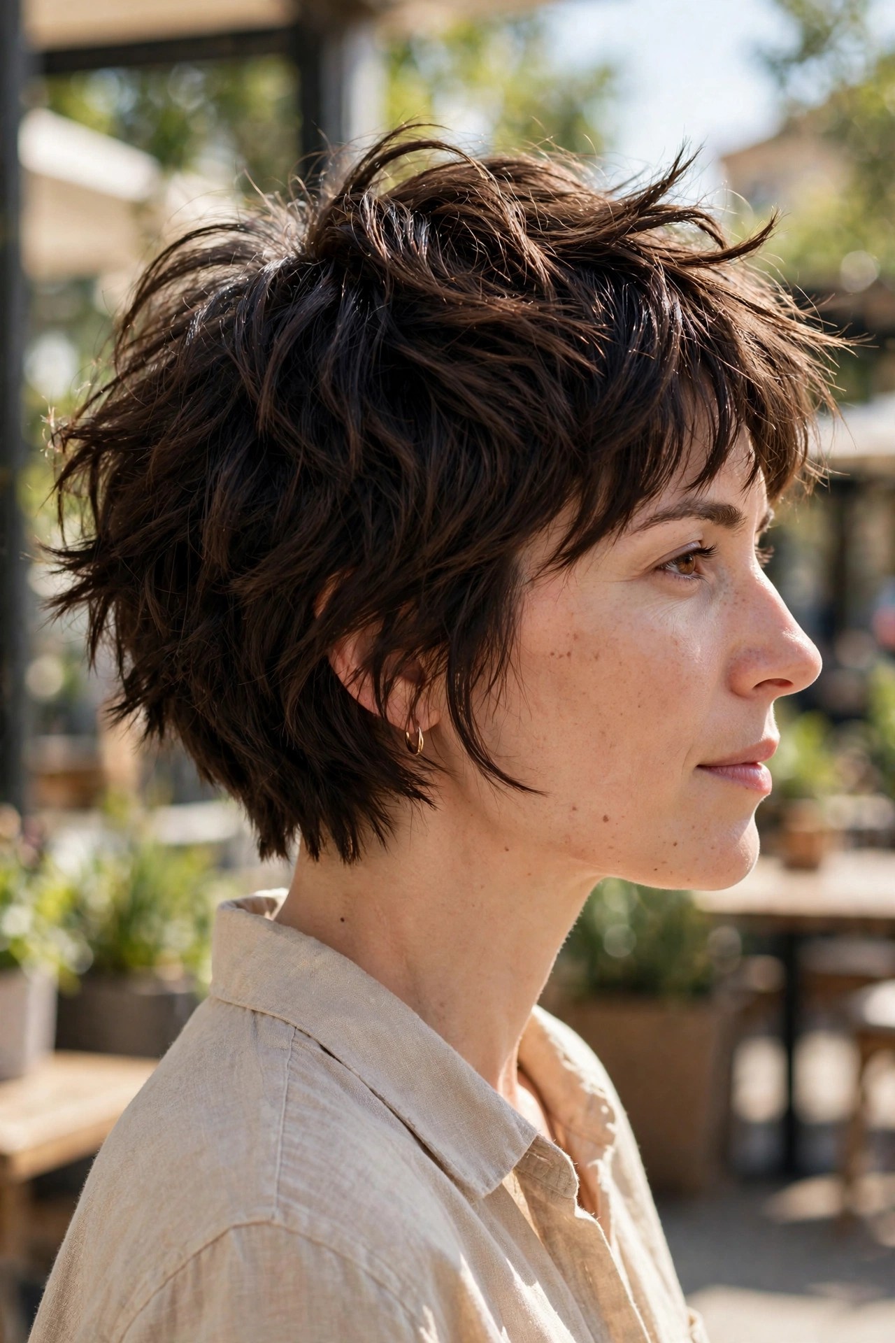Choppy textured stacked bob with piecey ends and tousled volume