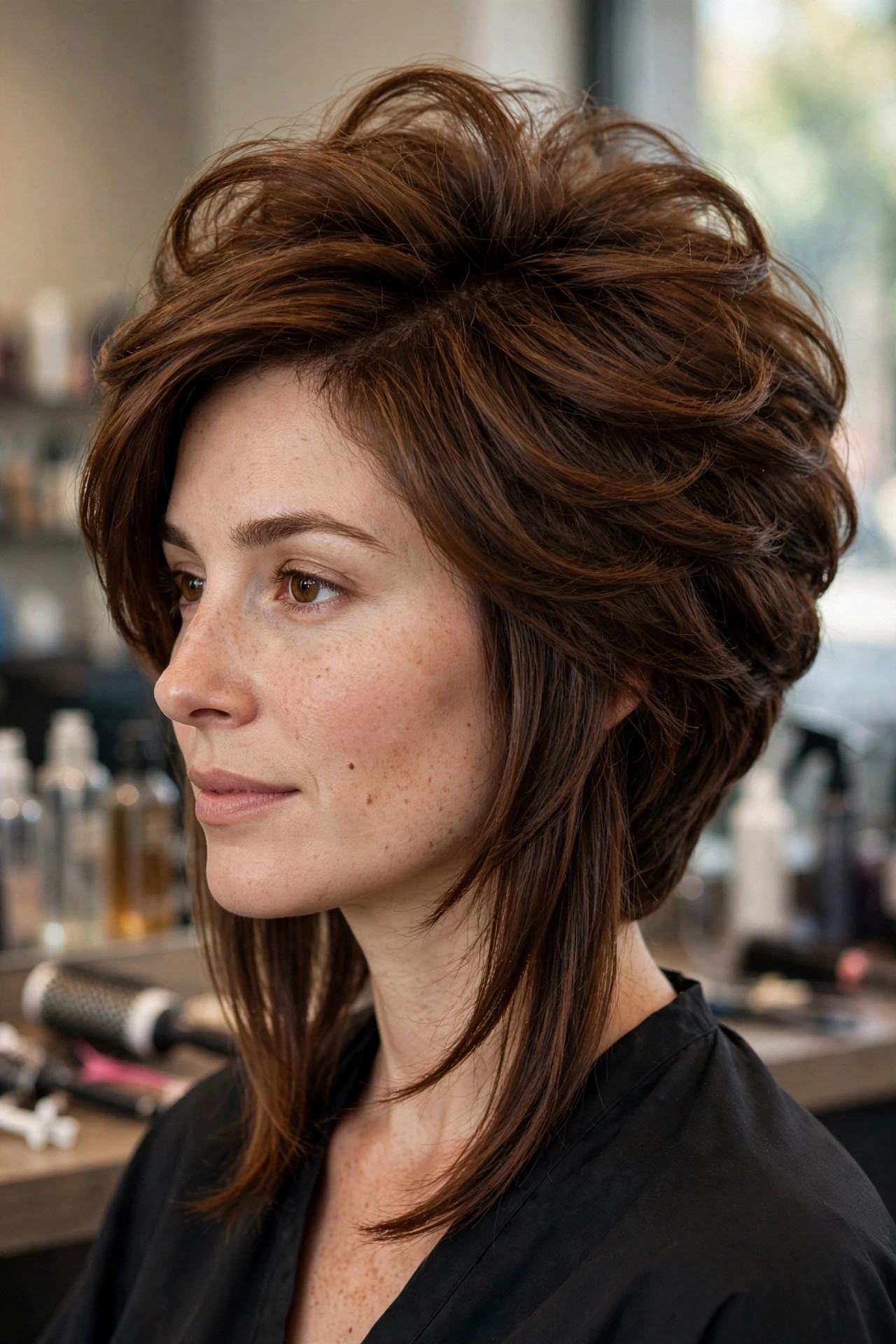 Stacked mid-length lob with volume at the crown