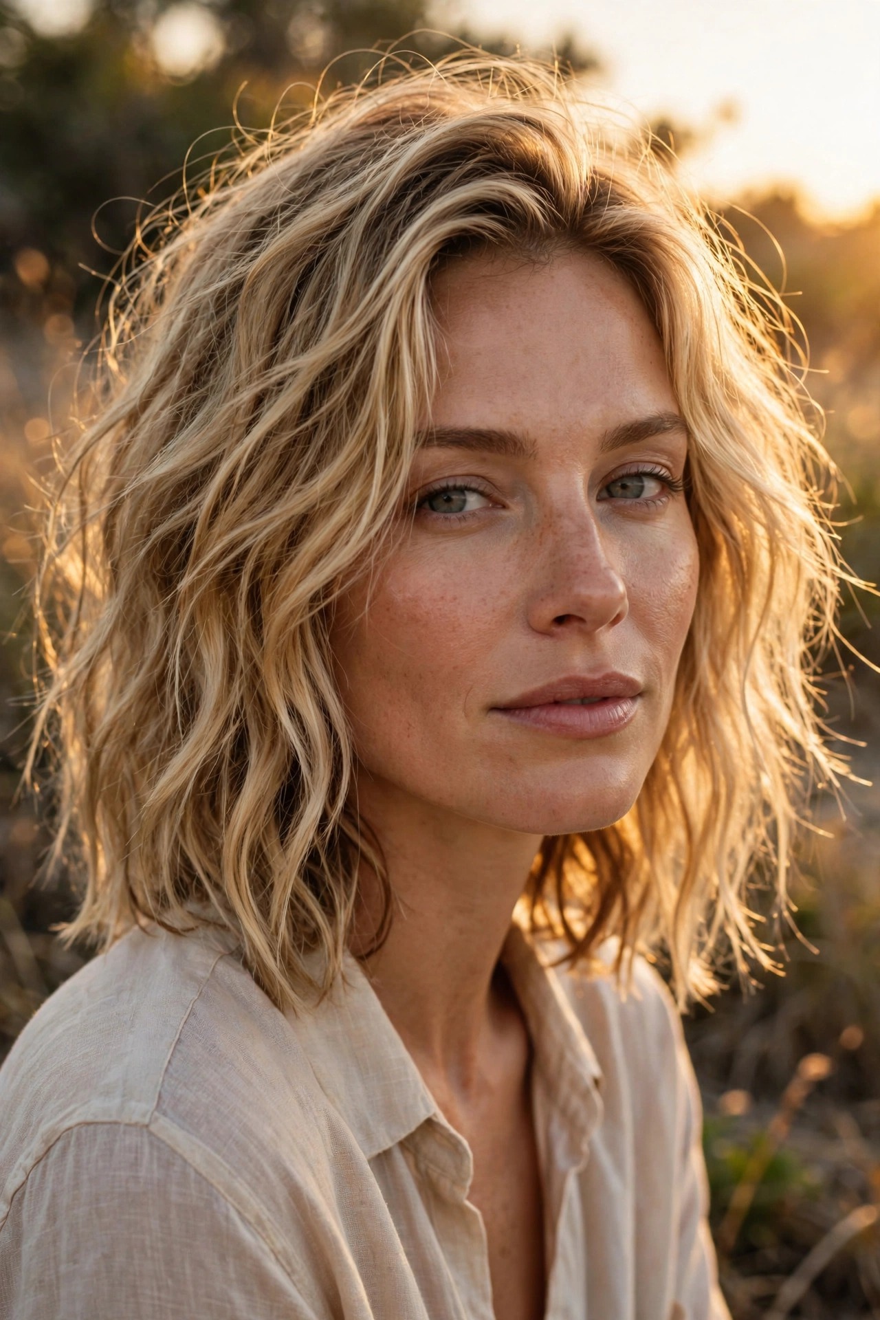 Tousled beachy waves on collarbone-length blonde hair