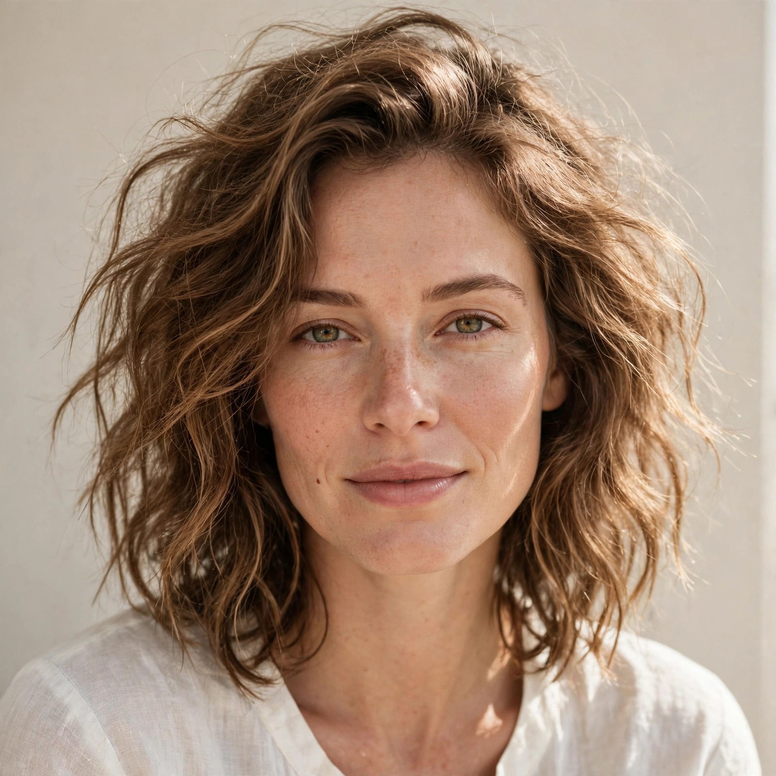 Woman with tousled wavy medium-length hair